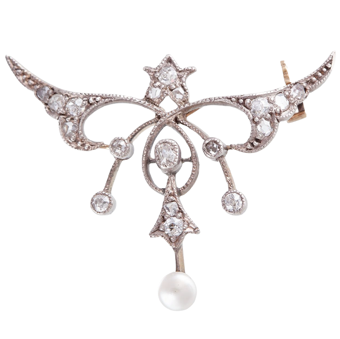 Broche Belle Époque con diamantes y perla
