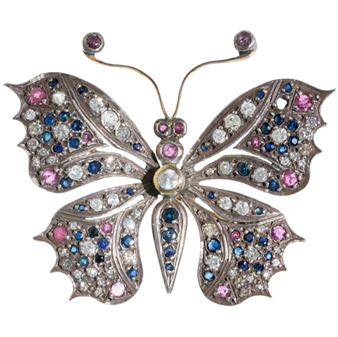 Broche victoriano en forma de mariposa con diamantes, zafiros y rubíes