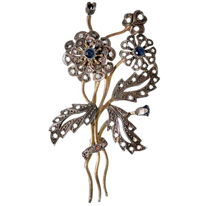 Broche victoriano en forma de ramo de flores con diamantes y zafiros