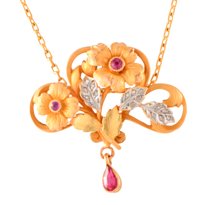 Collar modernista con colgante floral de rubíes y diamantes
