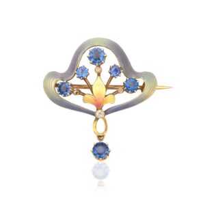 Broche modernista con zafiros, diamantes y esmalte