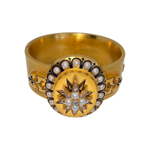 Brazalete de oro con diamantes, perlas y esmalte